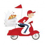 Funny pizza delivery boy riding red motor bike